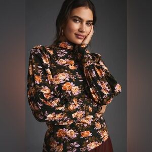 Anthropologie Black Floral Blouse Turtleneck  Puff Sleeves Boho Preppy NWT XXS